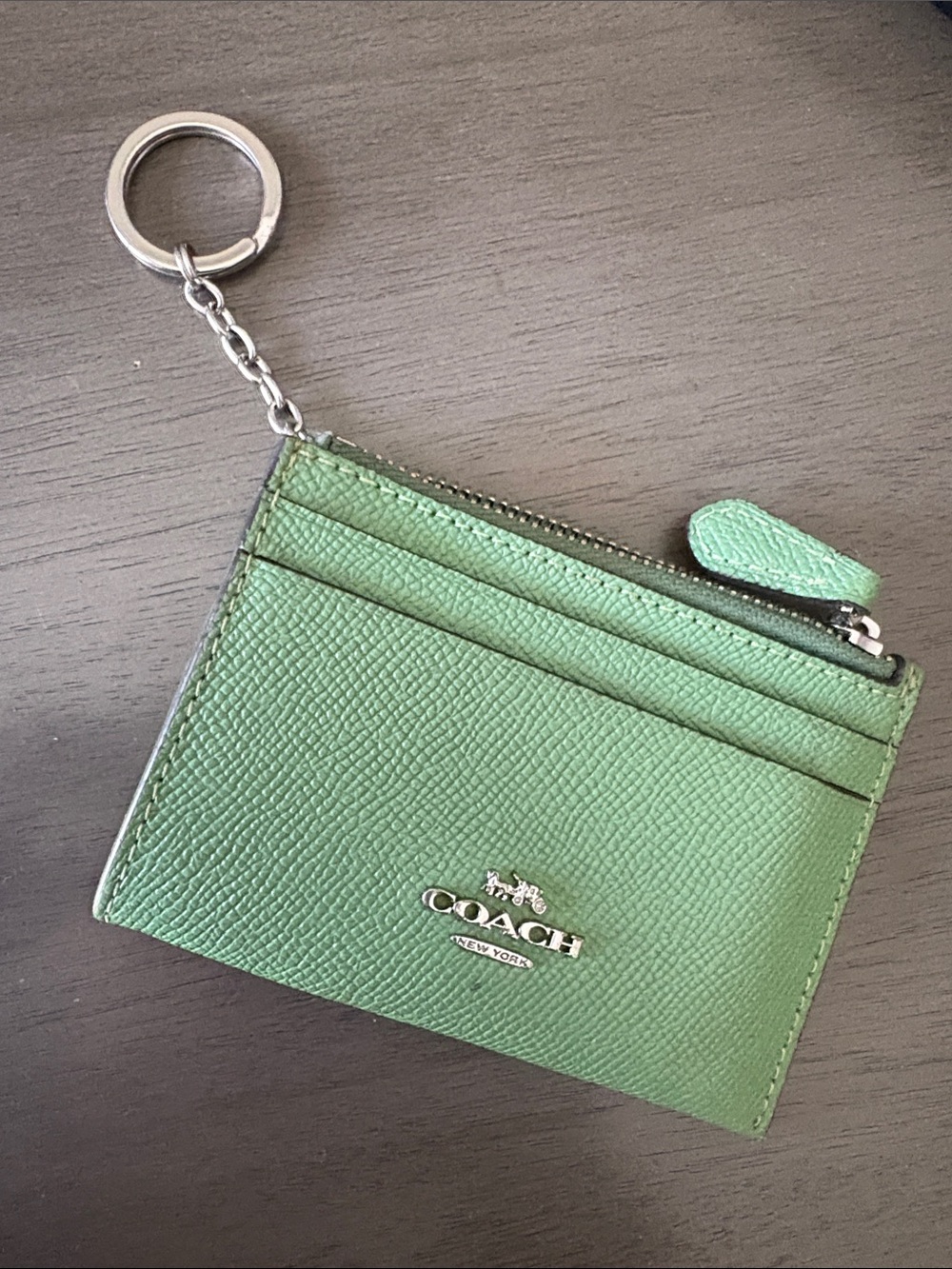 Coach Mint Green Leather Zip Card Case with Key Ring